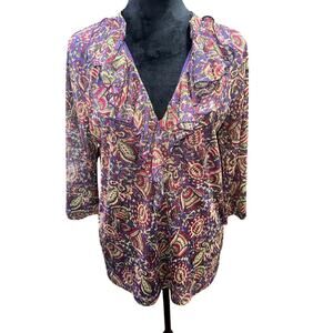 Chaps Women’s Top Mesh Ruffle V Neck Floral Paisley Purple Multicolor 1X NWT